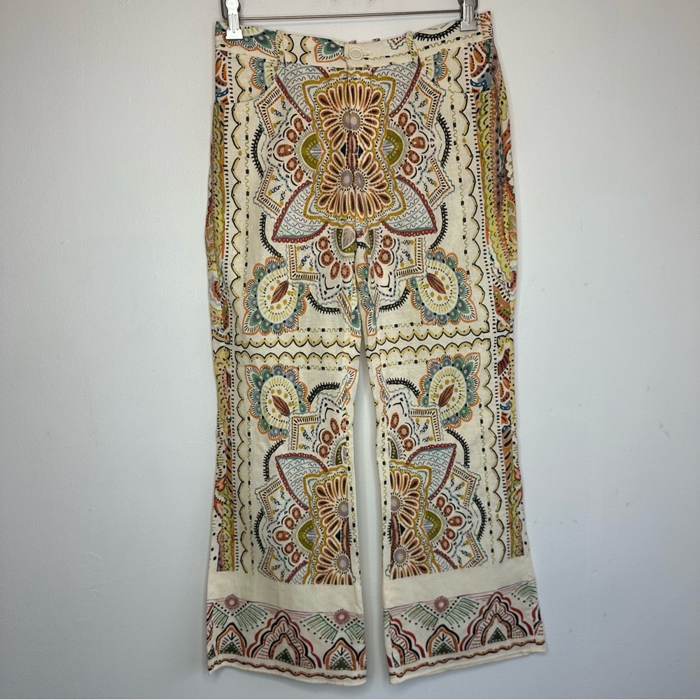 Zara Cream Wide Leg Pants with Multicolor Boho Medallion Print